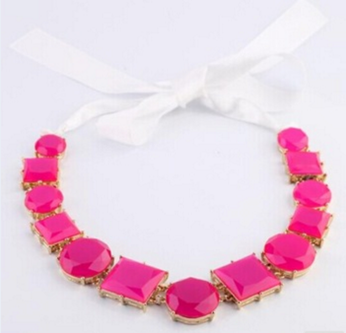 Simple pink large diamond party choker ribbon necklace